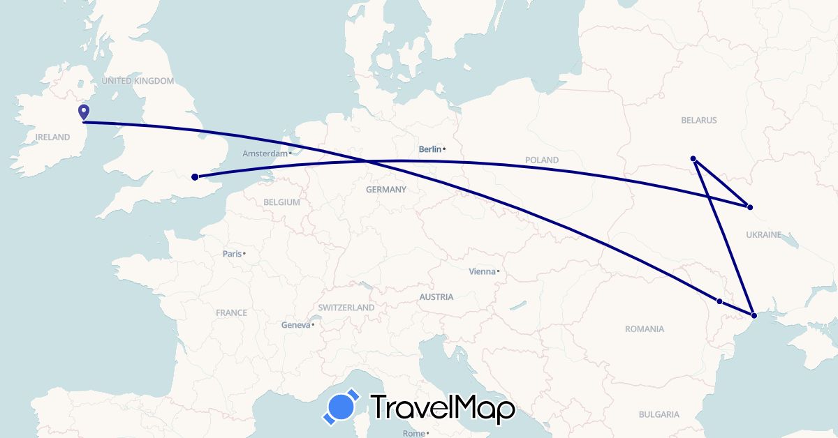 TravelMap itinerary: driving in Belarus, United Kingdom, Ireland, Moldova, Ukraine (Europe)